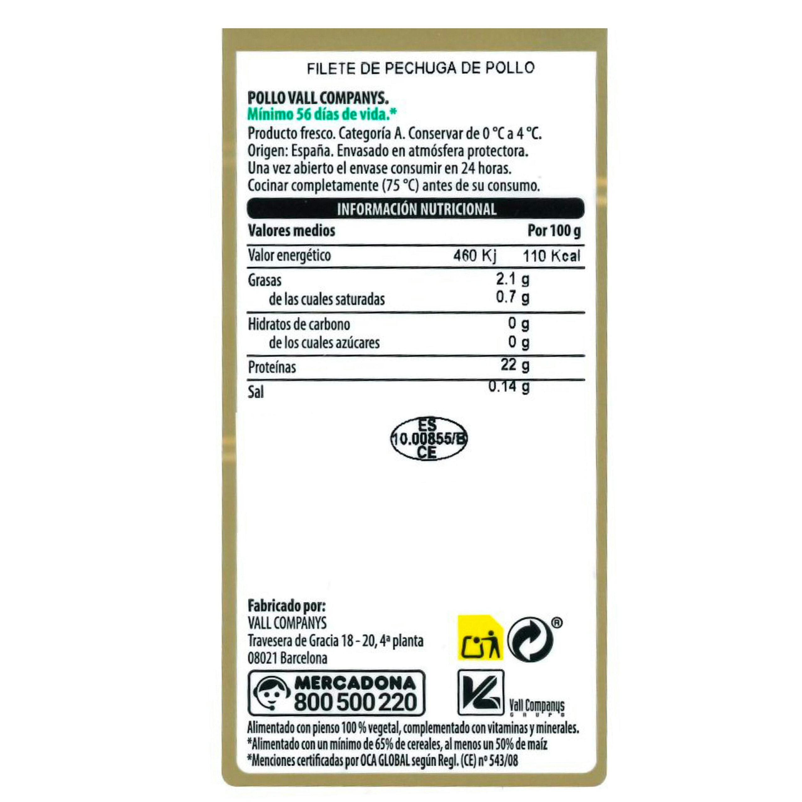 Etiqueta Filetes pechuga de pollo certificado alimentado con un 50% de maíz